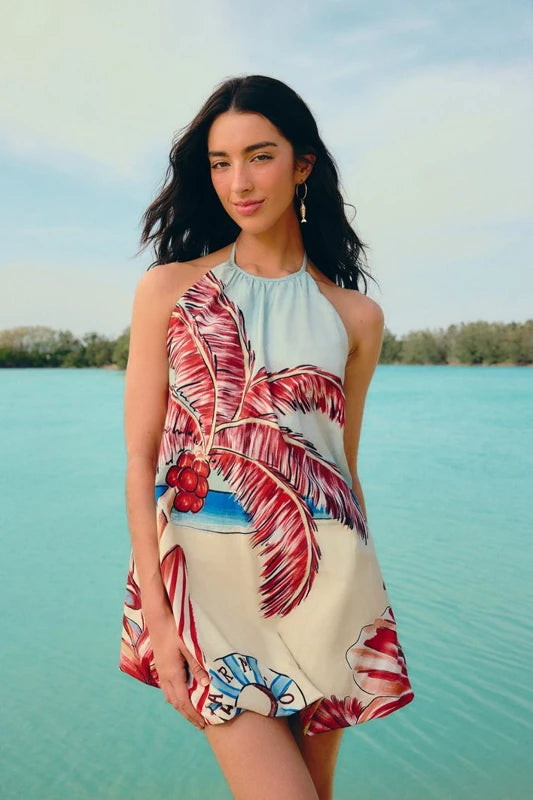 Vestido Curto Balonê Estampado Diário De Verão