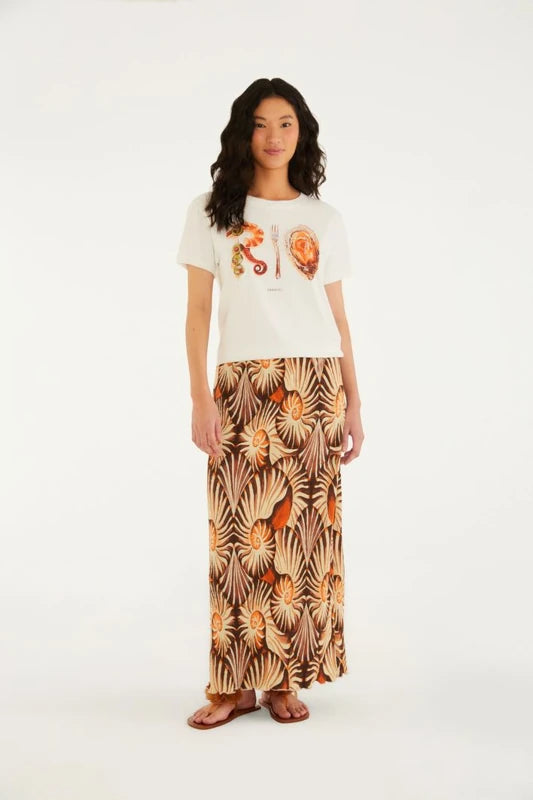 Saia Midi Plissada Estampada Mar De Concha