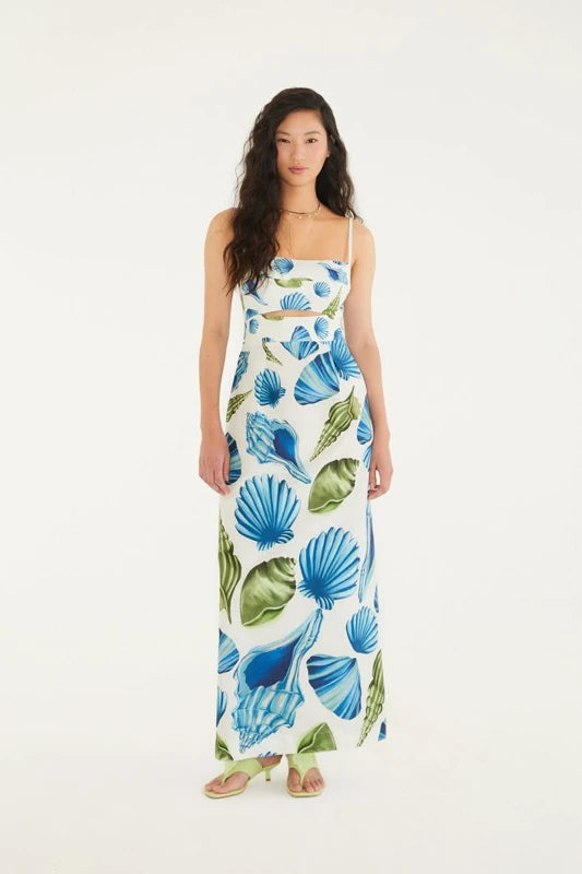 Vestido Longo Reto Estampado Concha Litoral
