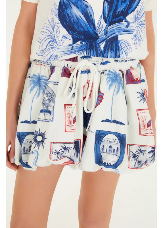 Saia Curta Balonê Moletom Estampada Tropical Vintage