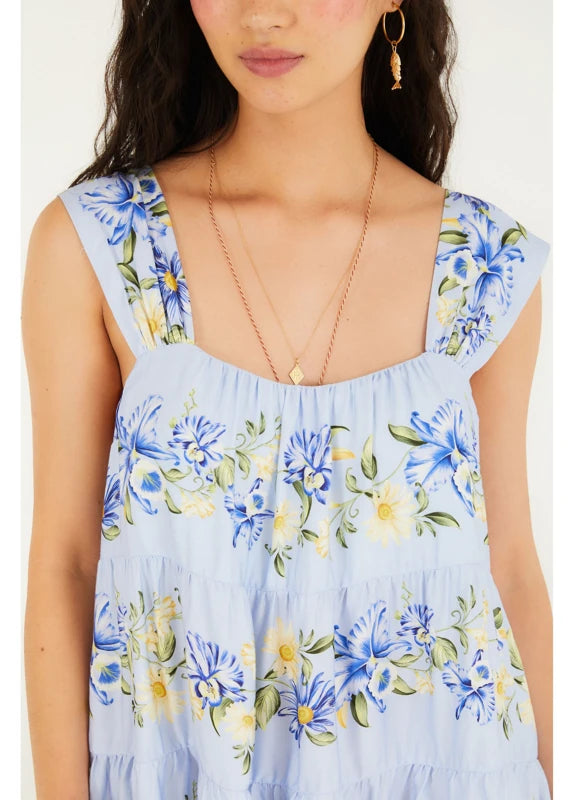 Vestido Curto Estampado Orquidário Azul