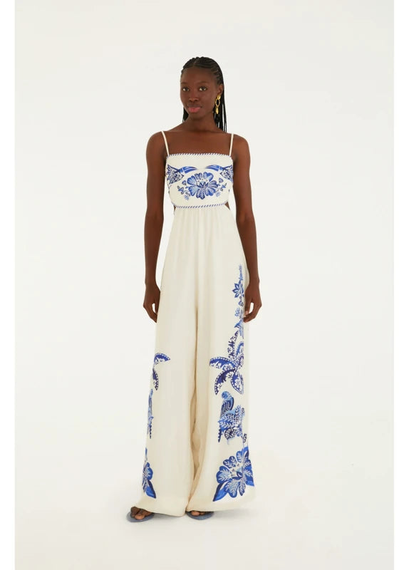 Macacão Pantalona Estampado Coqueiro Tropical