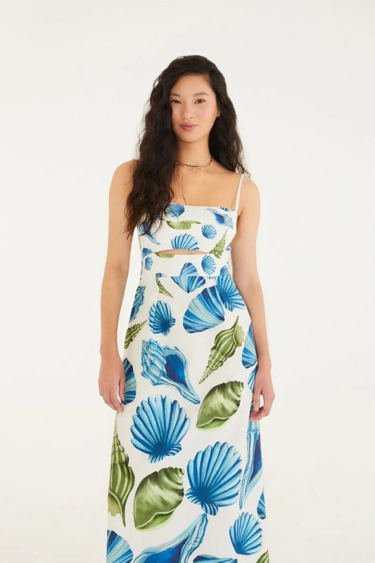 Vestido Longo Reto Estampado Concha Litoral