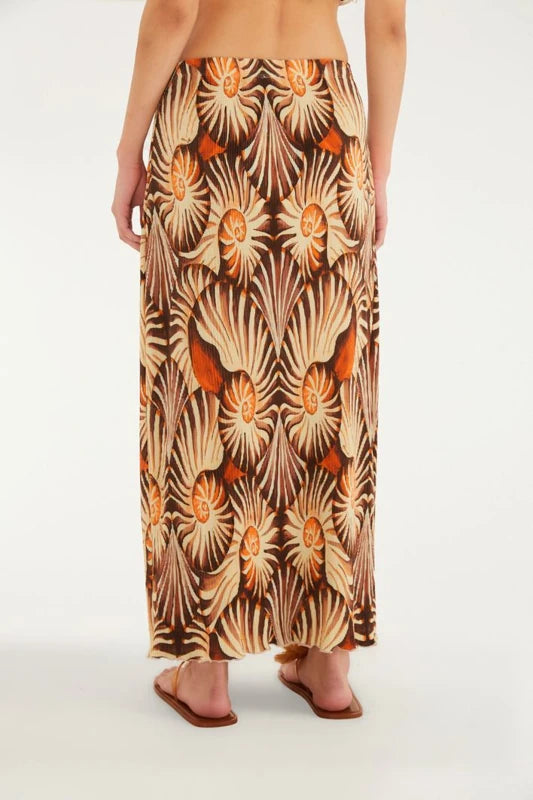 Saia Midi Plissada Estampada Mar De Concha