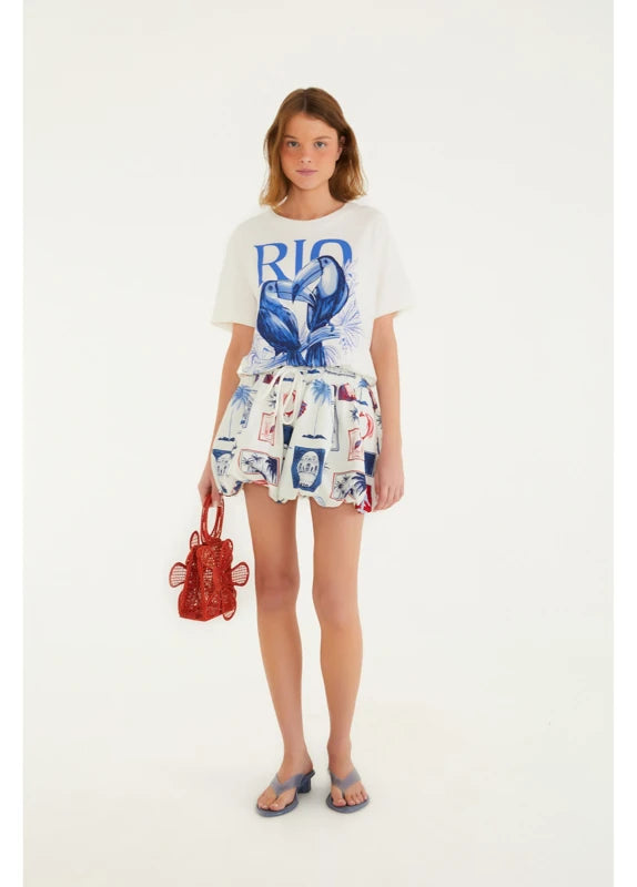 Saia Curta Balonê Moletom Estampada Tropical Vintage