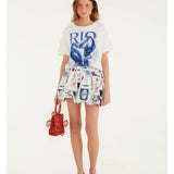 Saia Curta Balonê Moletom Estampada Tropical Vintage