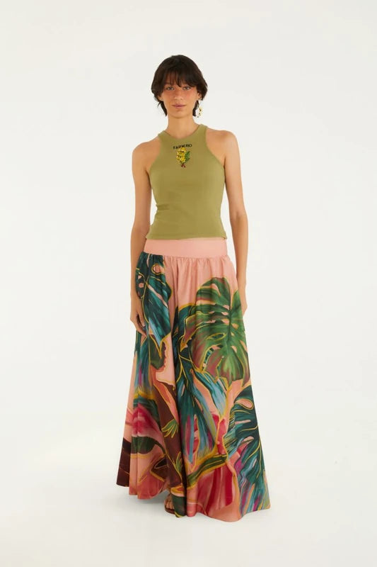 Saia Evasê Estampada Piscina Tropical