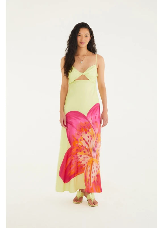 Vestido Enviesado Estampado Lírio Tropical