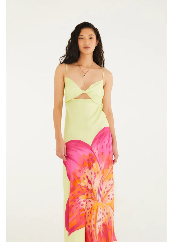 Vestido Enviesado Estampado Lírio Tropical