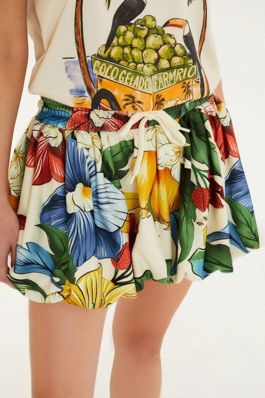 Saia Curta Balonê Moletom Estampada Tropicalzinho