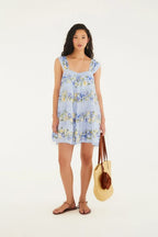 Vestido Curto Estampado Orquidário Azul