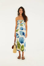 Vestido Midi Sem Alça Estampado Concha Litoral