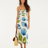 Vestido Midi Sem Alça Estampado Concha Litoral