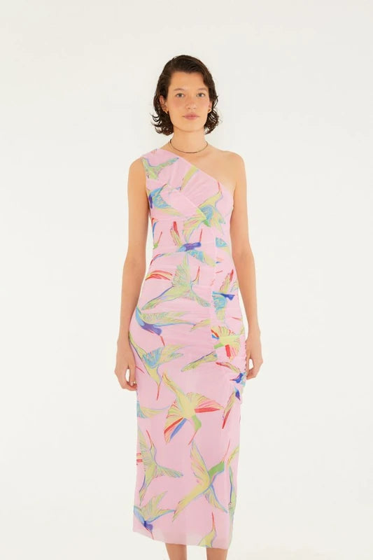 Vestido Tule Franzido Estampado Beija Flor