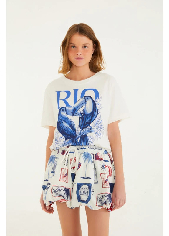 Saia Curta Balonê Moletom Estampada Tropical Vintage