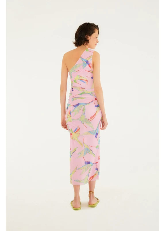 Vestido Tule Franzido Estampado Beija Flor