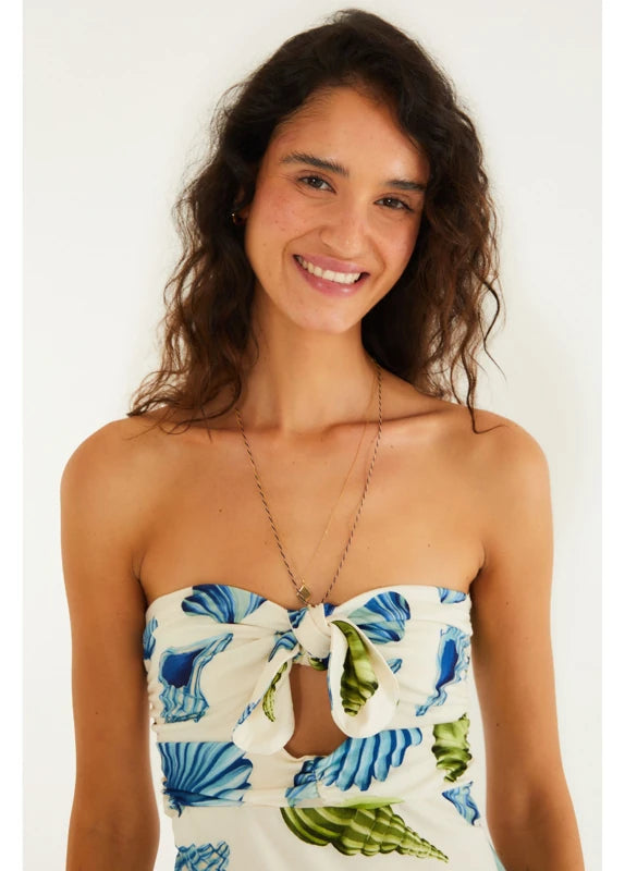 Vestido Midi Sem Alça Estampado Concha Litoral