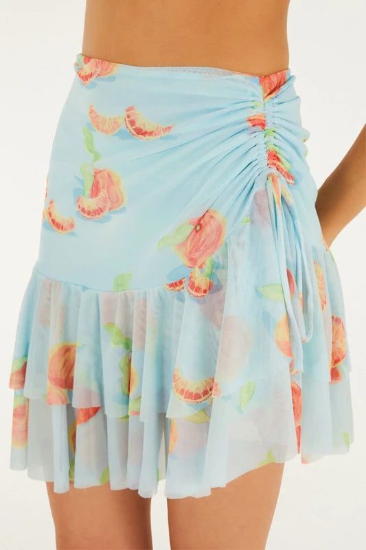 Saia Curta Tule Babado Estampada Tangerina