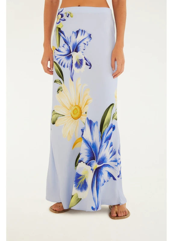 Saia Enviesada Estampada Orquidário Bege