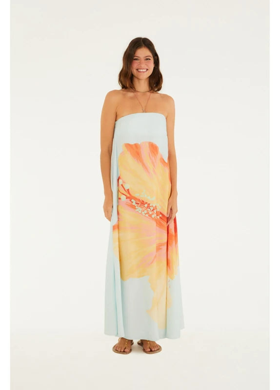 Vestido Longo Sem Alças Estampado Vestida De Flor