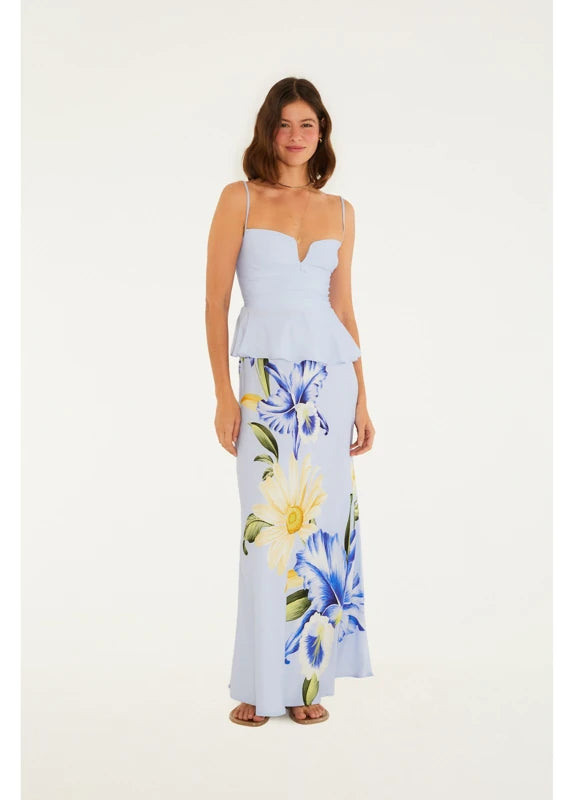 Saia Enviesada Estampada Orquidário Bege