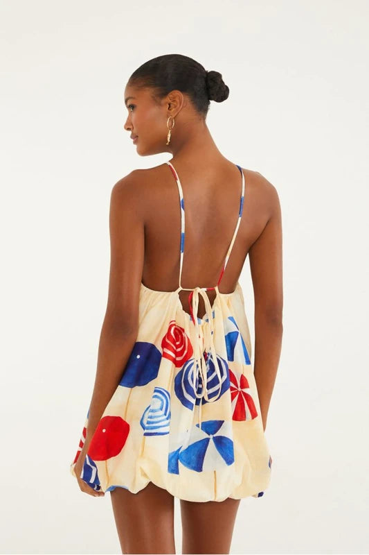 Vestido Curto Balonê Estampado Guarda Sol