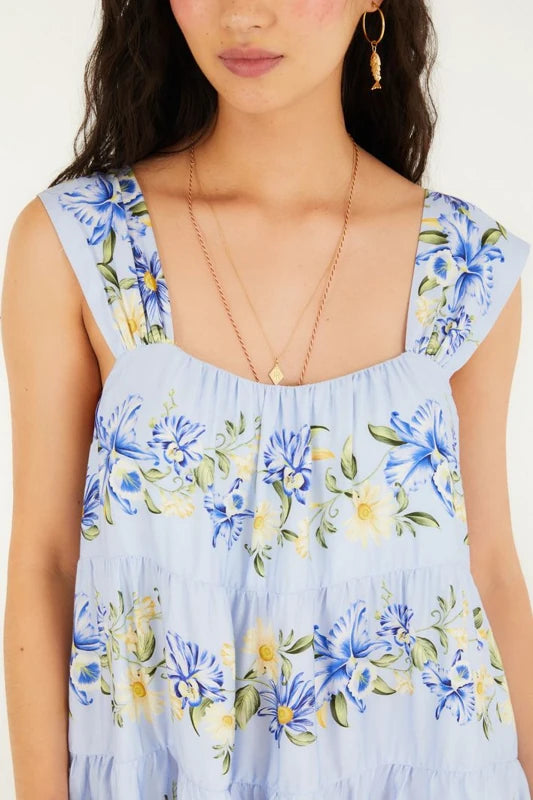 Vestido Curto Estampado Orquidário Azul