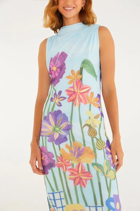 Vestido Tule Midi Estampado Jardim Primavera