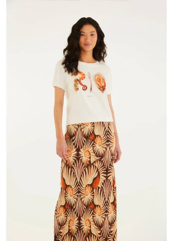 Saia Midi Plissada Estampada Mar De Concha