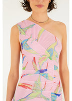 Vestido Tule Franzido Estampado Beija Flor