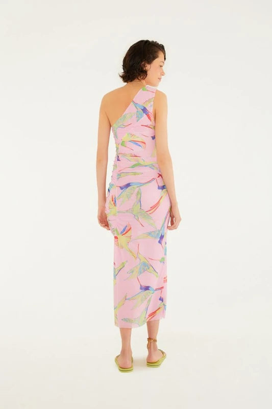 Vestido Tule Franzido Estampado Beija Flor