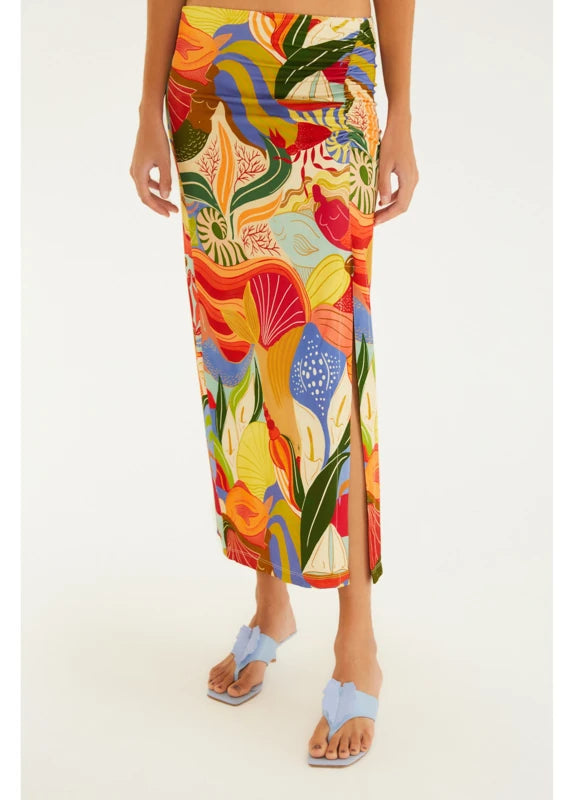 Saia Midi Fenda Estampada Festa Do Mar