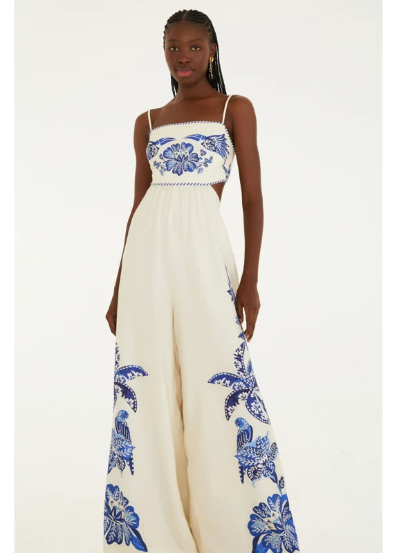 Macacão Pantalona Estampado Coqueiro Tropical