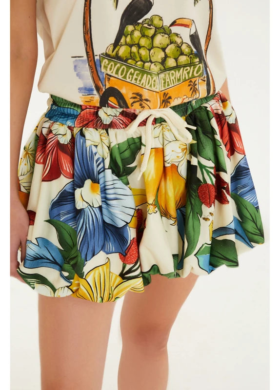 Saia Curta Balonê Moletom Estampada Tropicalzinho