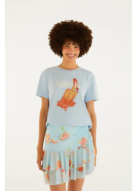 Saia Curta Tule Babado Estampada Tangerina