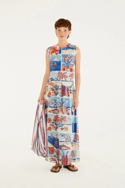 Vestido Cropped Recorte Estampado Diário De Verão