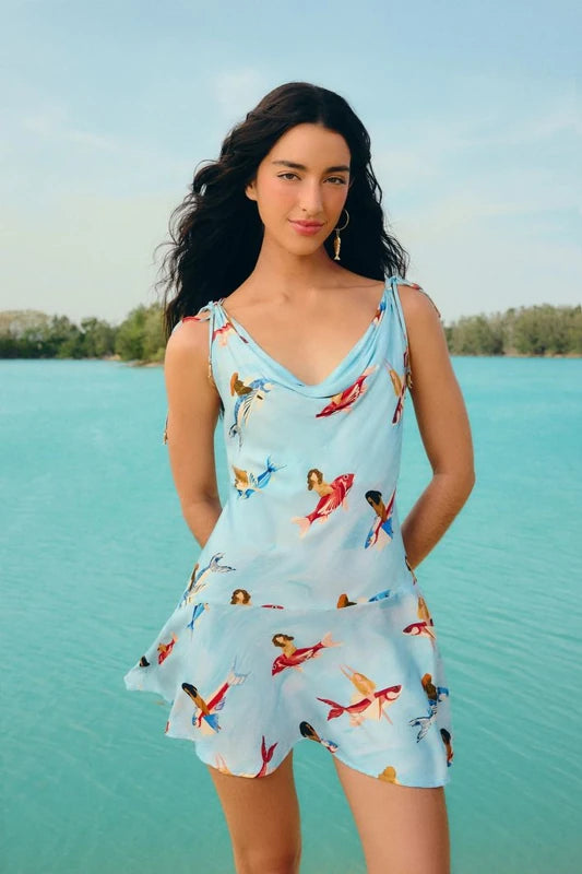 Vestido Curto Estampado Peixes Voadores