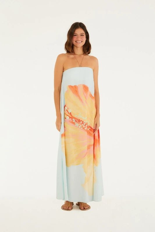 Vestido Longo Sem Alças Estampado Vestida De Flor