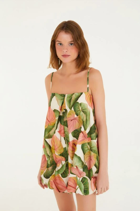 Macaquinho Balonê Estampado Antúrio Corrido