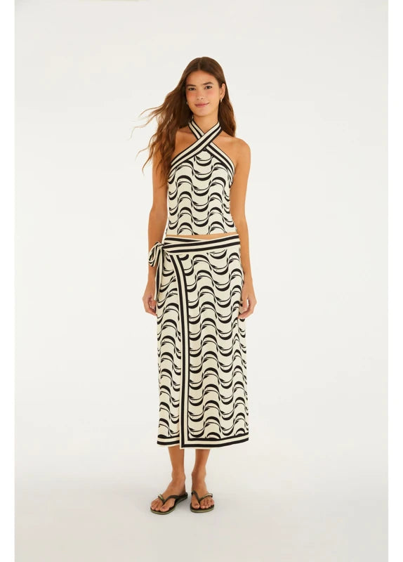 Saia Midi Transpasse Estampada Peixe Copa