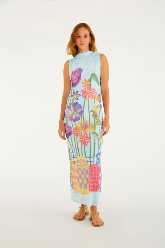 Vestido Tule Midi Estampado Jardim Primavera
