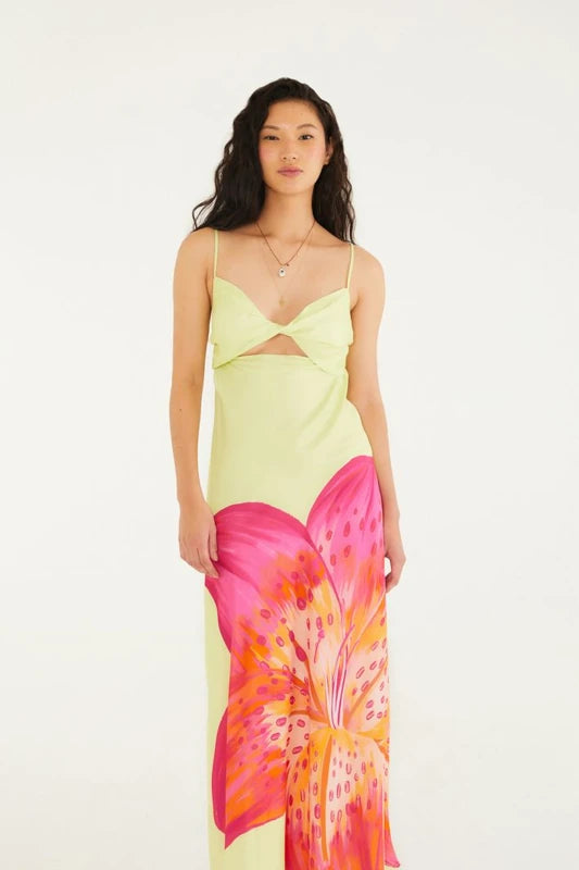 Vestido Enviesado Estampado Lírio Tropical