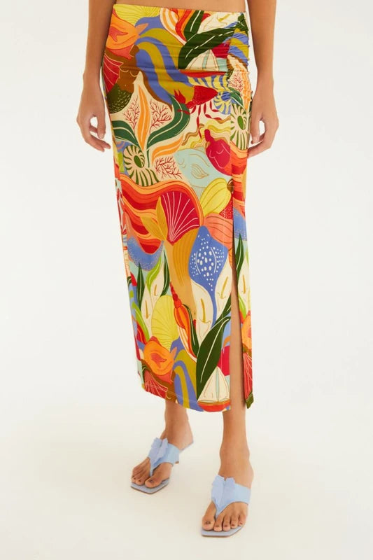 Saia Midi Fenda Estampada Festa Do Mar