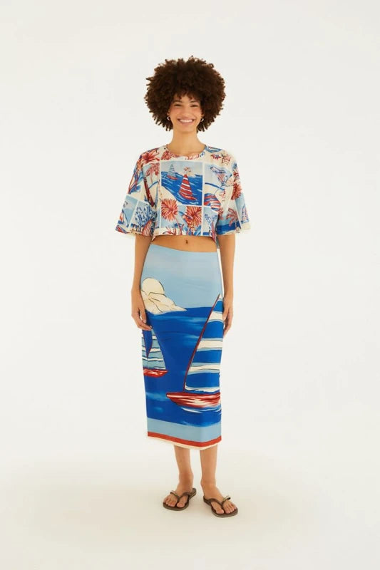 Saia Midi Estampada Diário De Verão