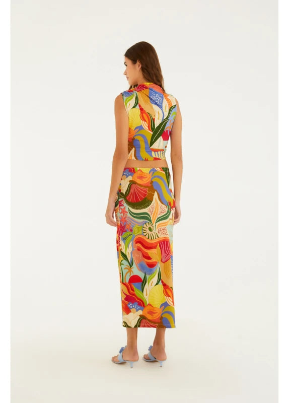 Saia Midi Fenda Estampada Festa Do Mar