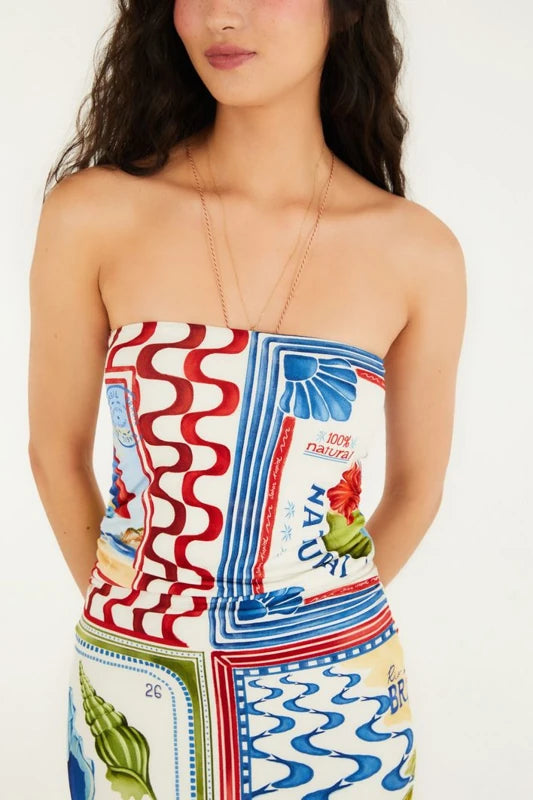 Vestido Sem Alça Estampado Selo Praiano