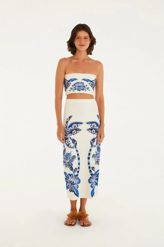 Saia Midi Reta Estampada Coqueiro Tropical