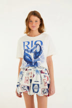 Saia Curta Balonê Moletom Estampada Tropical Vintage