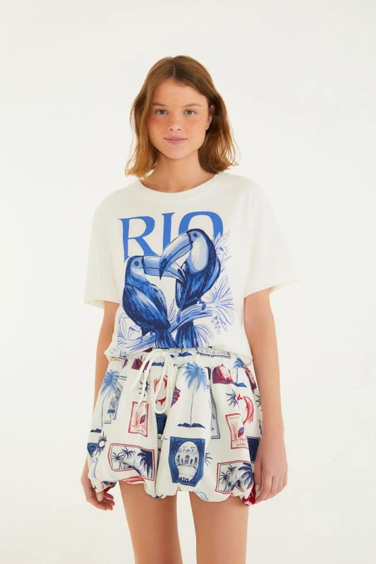 Saia Curta Balonê Moletom Estampada Tropical Vintage