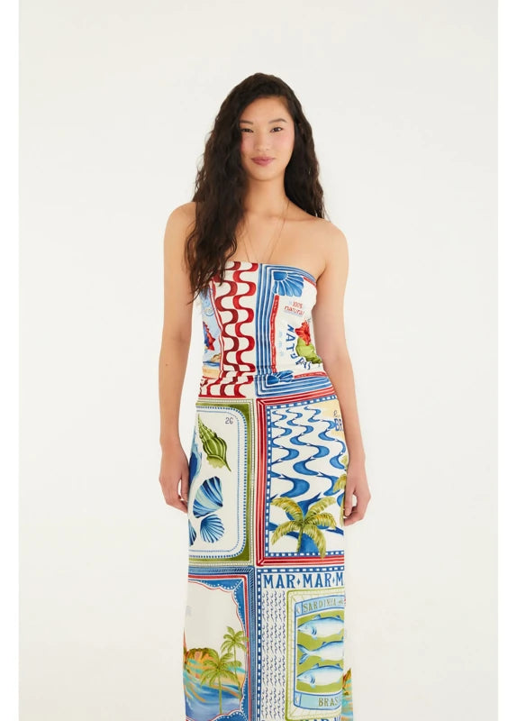 Vestido Sem Alça Estampado Selo Praiano